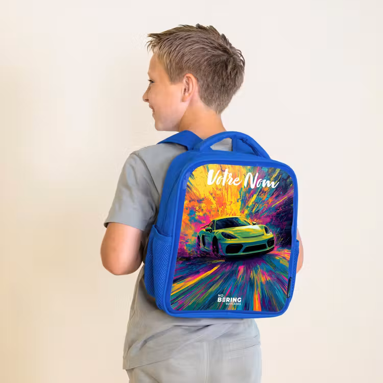 Sac à dos enfant avec votre nom - Bleu - Voiture de sport - Vert - Bandes de peinture - Couleurs — 2