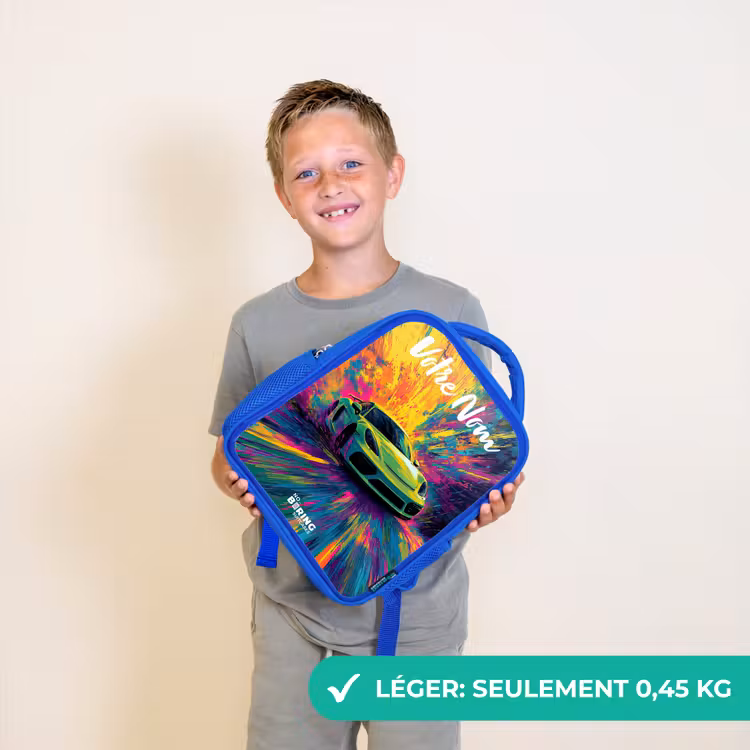 Sac à dos enfant avec votre nom - Bleu - Voiture de sport - Vert - Bandes de peinture - Couleurs — 3