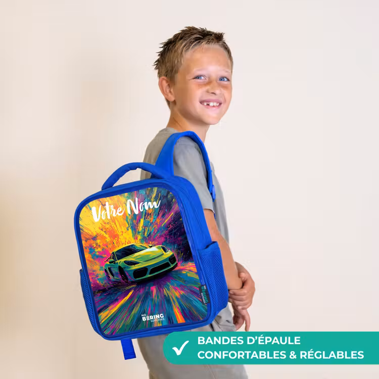 Sac à dos enfant avec votre nom - Bleu - Voiture de sport - Vert - Bandes de peinture - Couleurs — 4