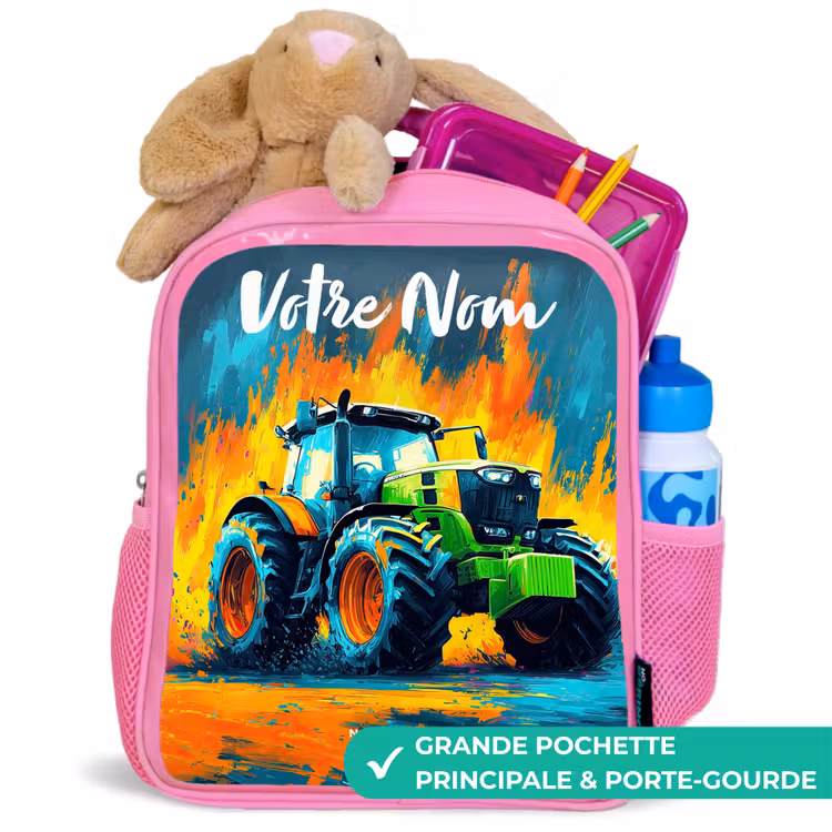 Sac à dos enfant avec votre nom - Rose - Abstrait - Tracteur - Vert — 2