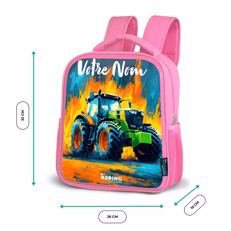 Sac à dos enfant avec votre nom - Rose - Abstrait - Tracteur - Vert — 3