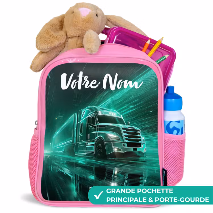 Sac à dos enfant avec votre nom - Rose - Camion - Ville - Vert - Néon — 2