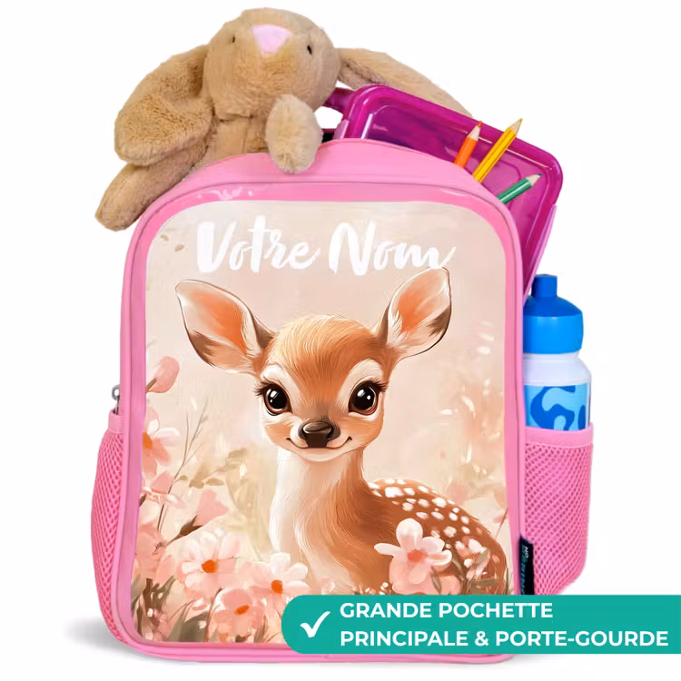 Sac à dos enfant avec votre nom - Rose - Cerf - Fleurs - Points - Rose — 2