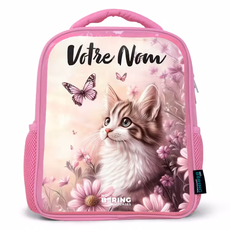 Sac à dos enfant avec votre nom - Rose - Chaton - Papillons - Violet - Fleurs — 1