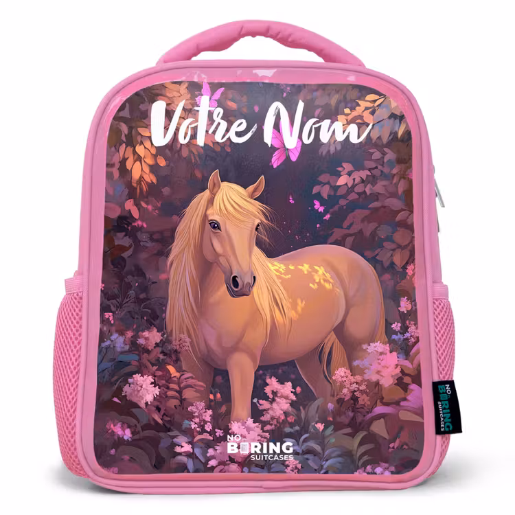 Sac à dos enfant avec votre nom - Rose - Cheval - Fleurs - Violet - Papillon — 1