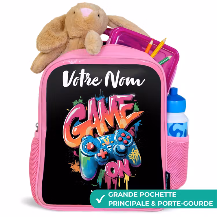 Sac à dos enfant avec votre nom - Rose - Contrôleur - Jeu - Graffiti - Texte — 2