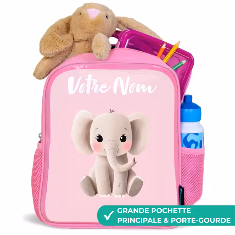 Sac à dos enfant avec votre nom - Rose - Eléphant - Gris - Bébé - Tronc — 2
