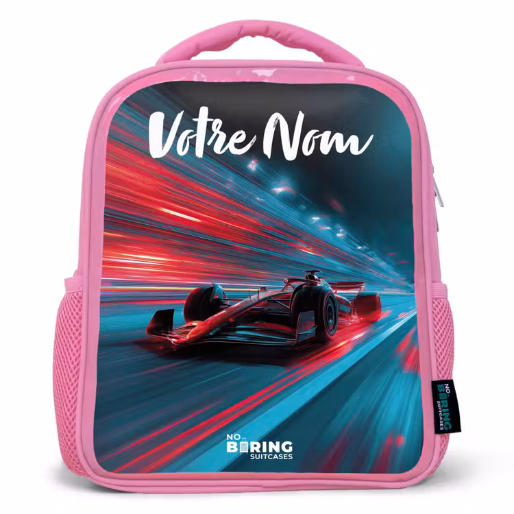 Sac à dos enfant avec votre nom - Rose - Formule 1 - Voiture de course - Rouge - Néons — 1