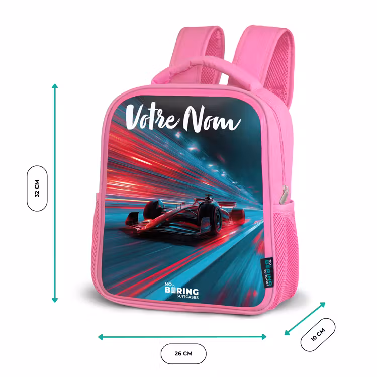 Sac à dos enfant avec votre nom - Rose - Formule 1 - Voiture de course - Rouge - Néons — 3
