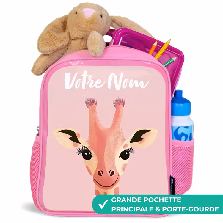 Sac à dos enfant avec votre nom - Rose - Girafe - Cils - Minimaliste - Rose — 2