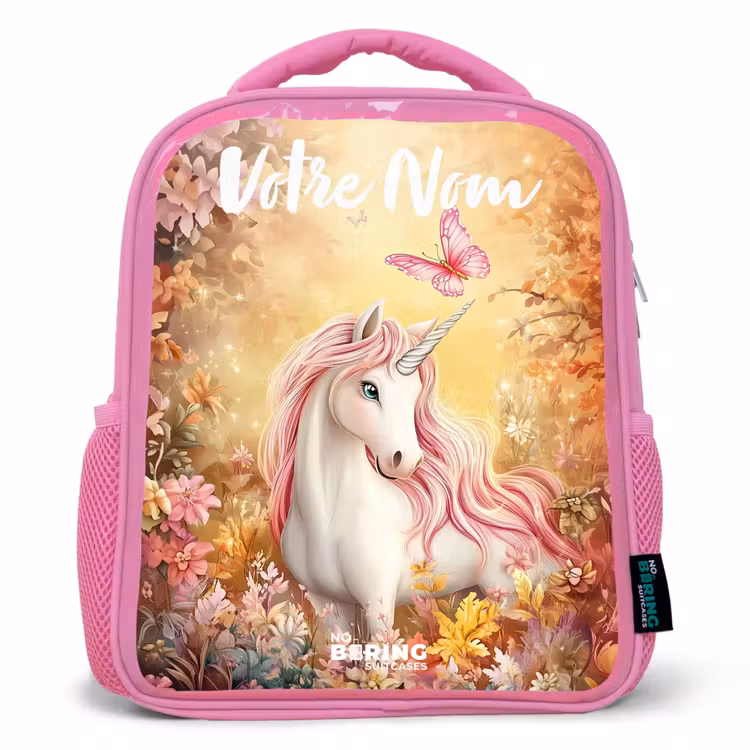 Sac à dos enfant avec votre nom - Rose - Licorne - Papillon - Rose - Crinière — 1