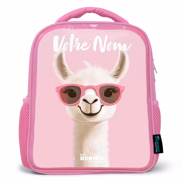 Sac à dos enfant avec votre nom - Rose - Llama - Blanc - Lunettes de soleil - Cils — 1