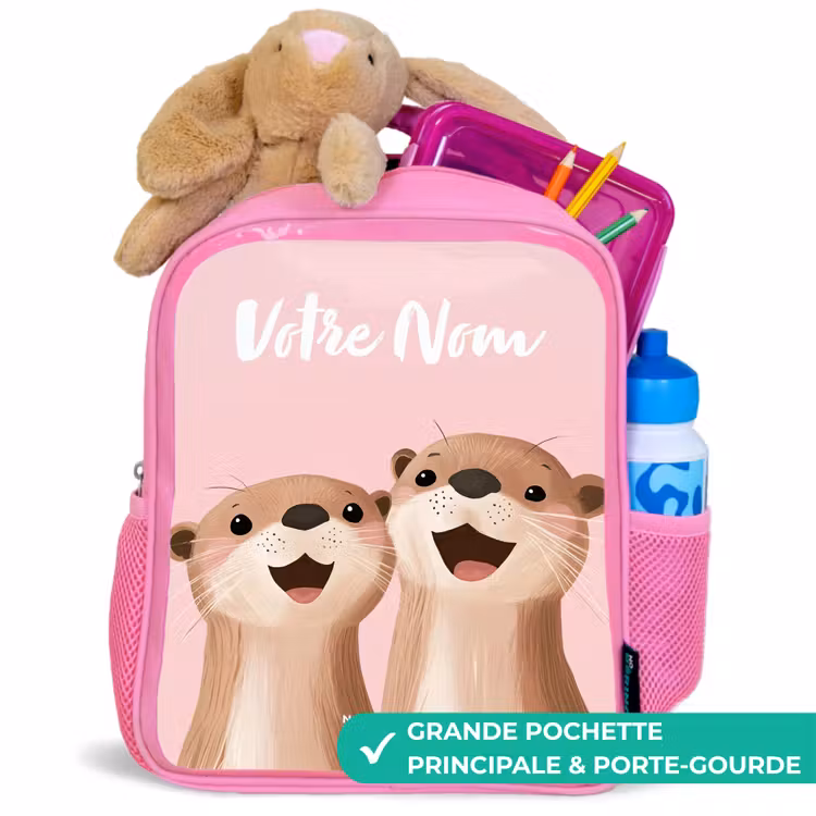 Sac à dos enfant avec votre nom - Rose - Sourire - Loutre - Rose - Illustration — 2