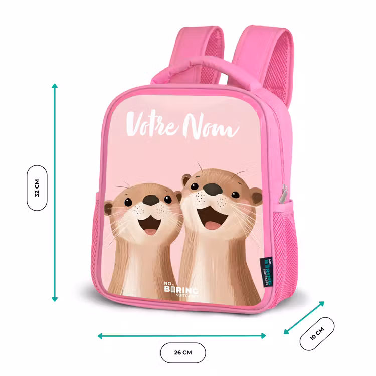 Sac à dos enfant avec votre nom - Rose - Sourire - Loutre - Rose - Illustration — 3