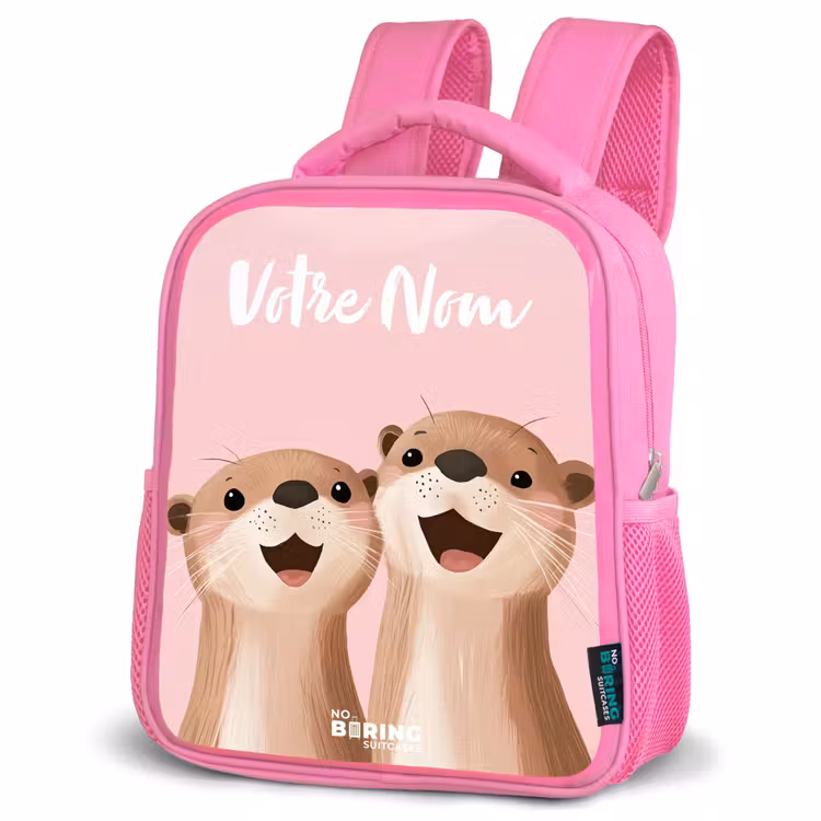 Sac à dos enfant avec votre nom - Rose - Sourire - Loutre - Rose - Illustration — 4