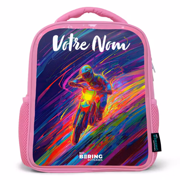 Sac à dos enfant avec votre nom - Rose - Vélo de cross - Couleurs néon - Lignes - Casque — 1