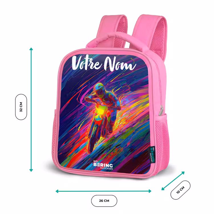 Sac à dos enfant avec votre nom - Rose - Vélo de cross - Couleurs néon - Lignes - Casque — 3