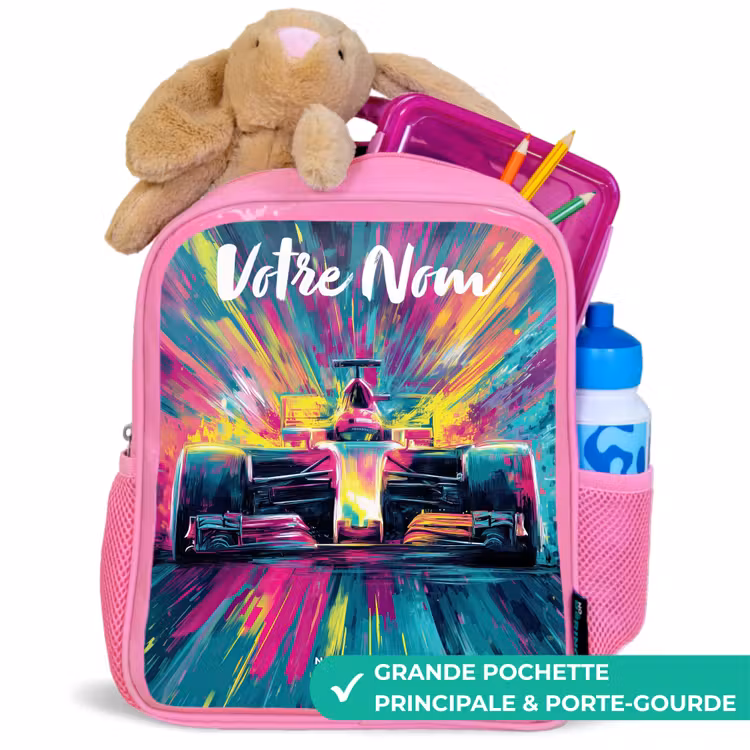 Sac à dos enfant avec votre nom - Rose - Voiture de course - Abstrait - Rayures - Bleu — 2