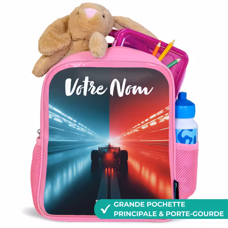 Sac à dos enfant avec votre nom - Rose - Voiture de course - Eclairage - Néon - Rouge — 2