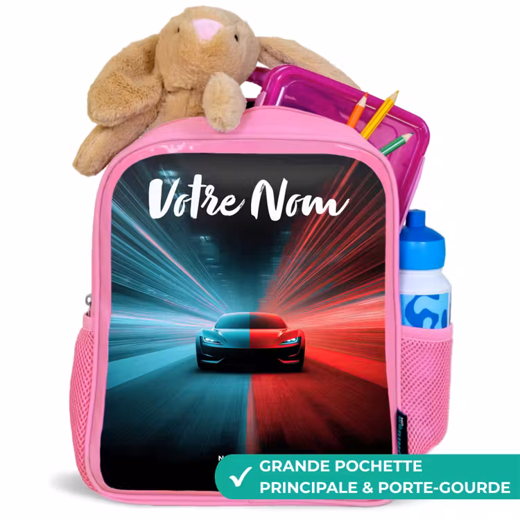 Sac à dos enfant avec votre nom - Rose - Voiture de sport - Bleu - Néon - Ville — 2