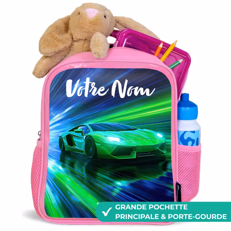 Sac à dos enfant avec votre nom - Rose - Voiture de sport - Vert - Lignes de vitesse - Néon — 2