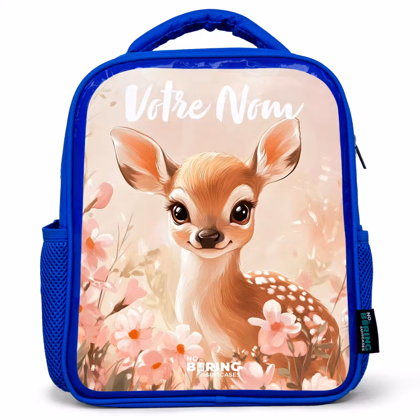 Sac à dos enfant avec votre nom - Bleu - Cerf - Fleurs - Points - Rose — 1