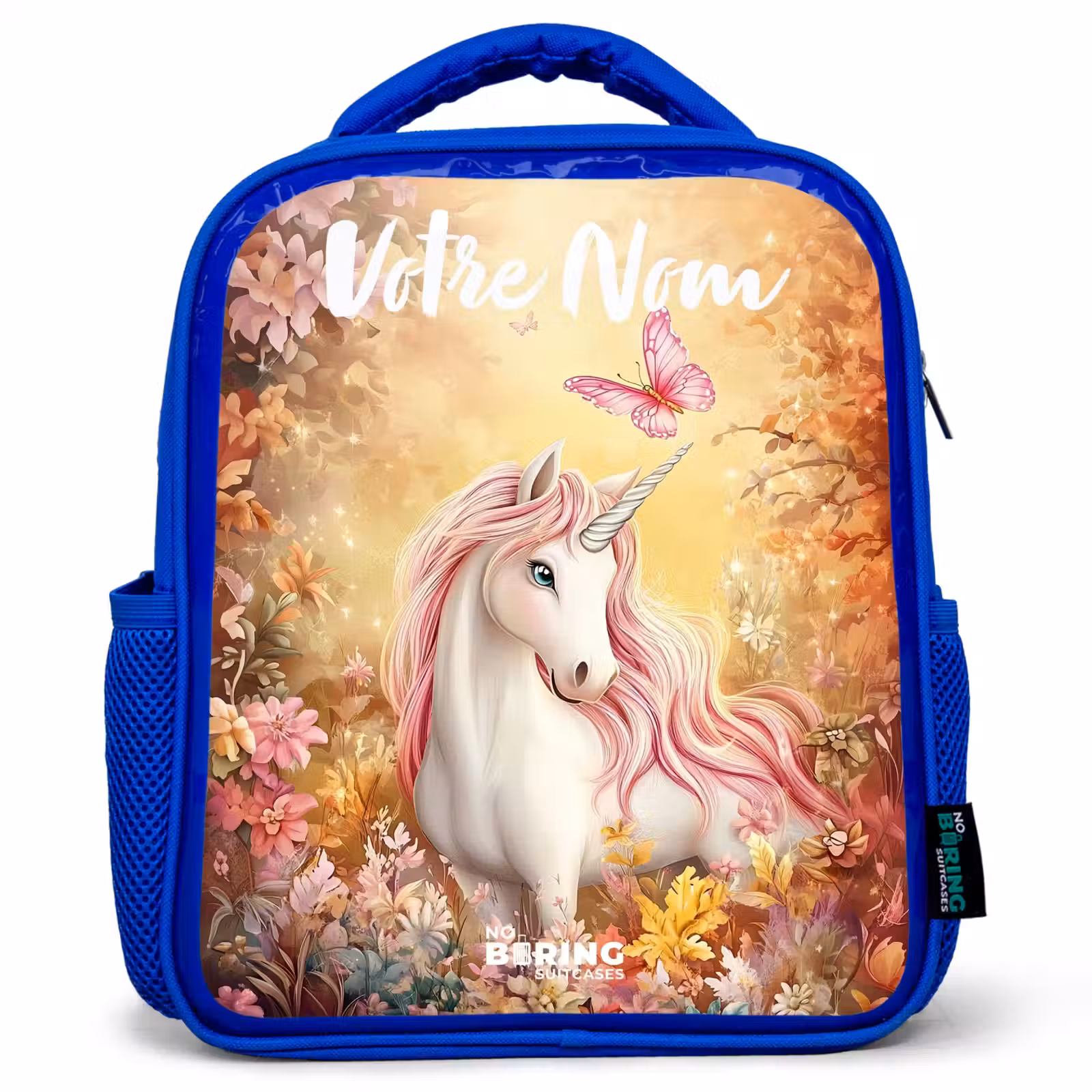 Sac à dos enfant avec votre nom - Bleu - Licorne - Papillon - Rose - Crinière — 1