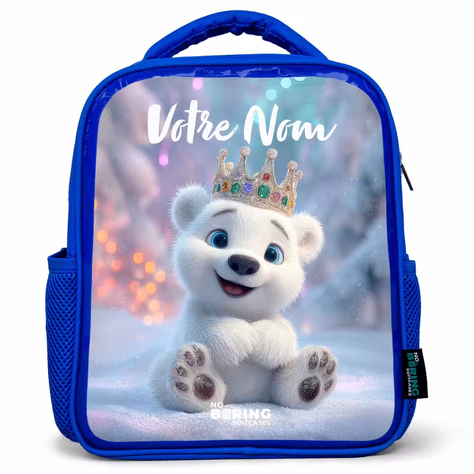 Sac à dos enfant avec votre nom - Bleu - Ours polaire - Couronne - Hiver — 1