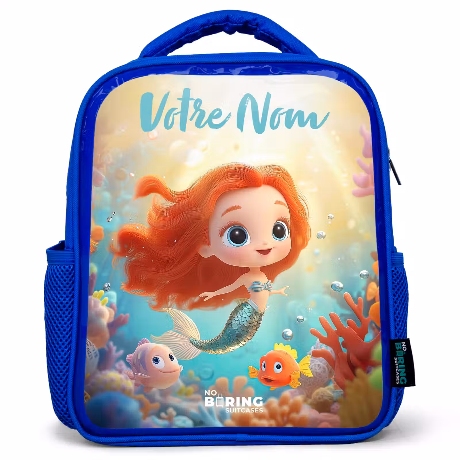 Sac à dos enfant avec votre nom - Bleu - Sirène - Poisson - Corail — 1