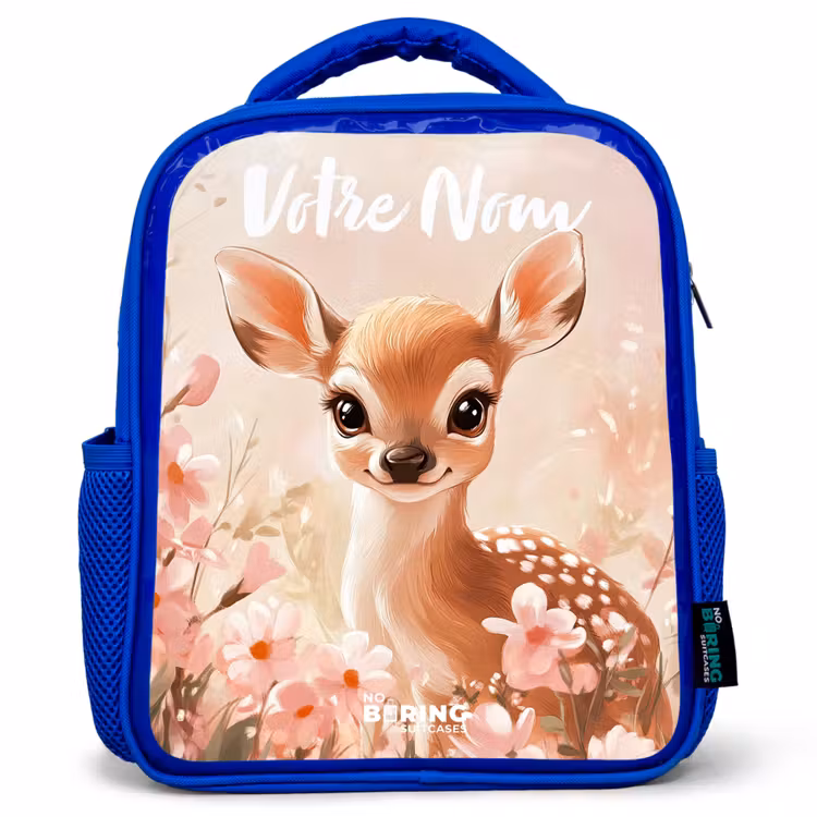 Sac à dos enfant avec votre nom - Bleu - Cerf - Fleurs - Points - Rose — 1