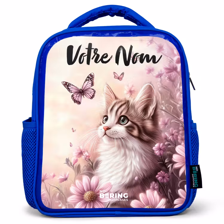 Sac à dos enfant avec votre nom - Bleu - Chaton - Papillons - Violet - Fleurs — 1