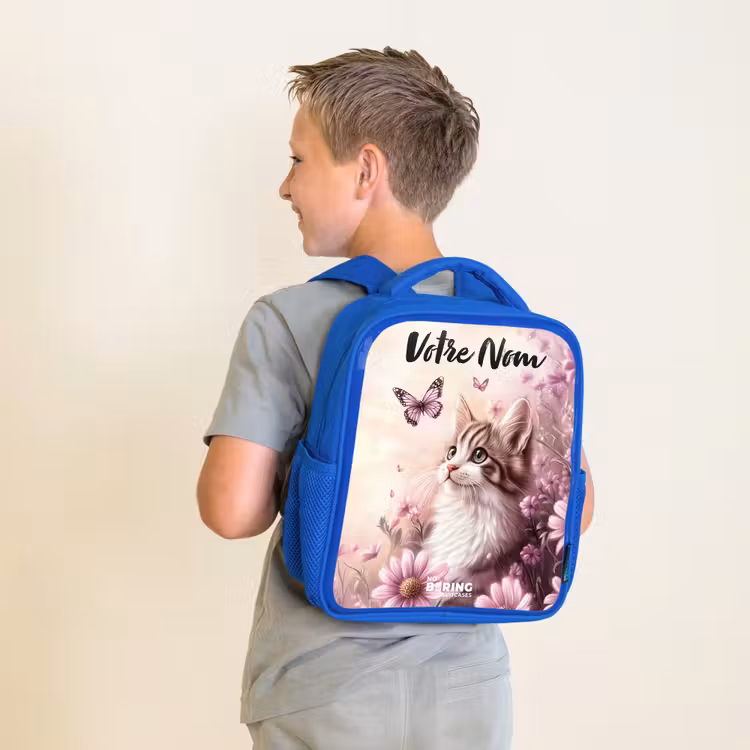 Sac à dos enfant avec votre nom - Bleu - Chaton - Papillons - Violet - Fleurs — 2