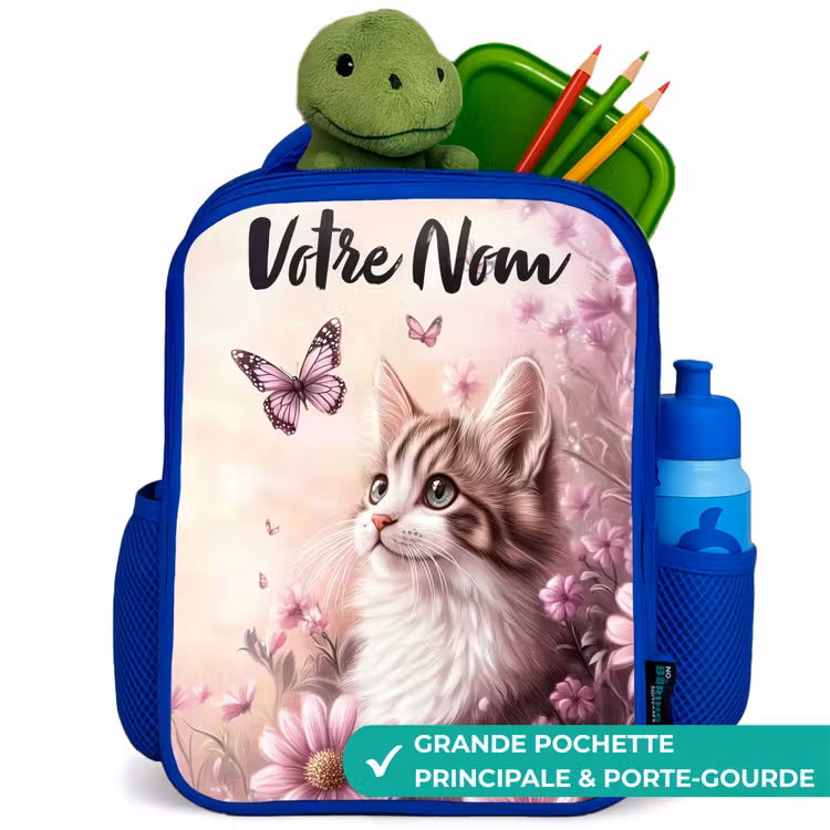 Sac à dos enfant avec votre nom - Bleu - Chaton - Papillons - Violet - Fleurs — 5
