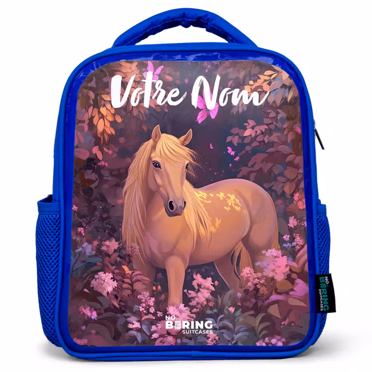 Sac à dos enfant avec votre nom - Bleu - Cheval - Fleurs - Violet - Papillon — 1