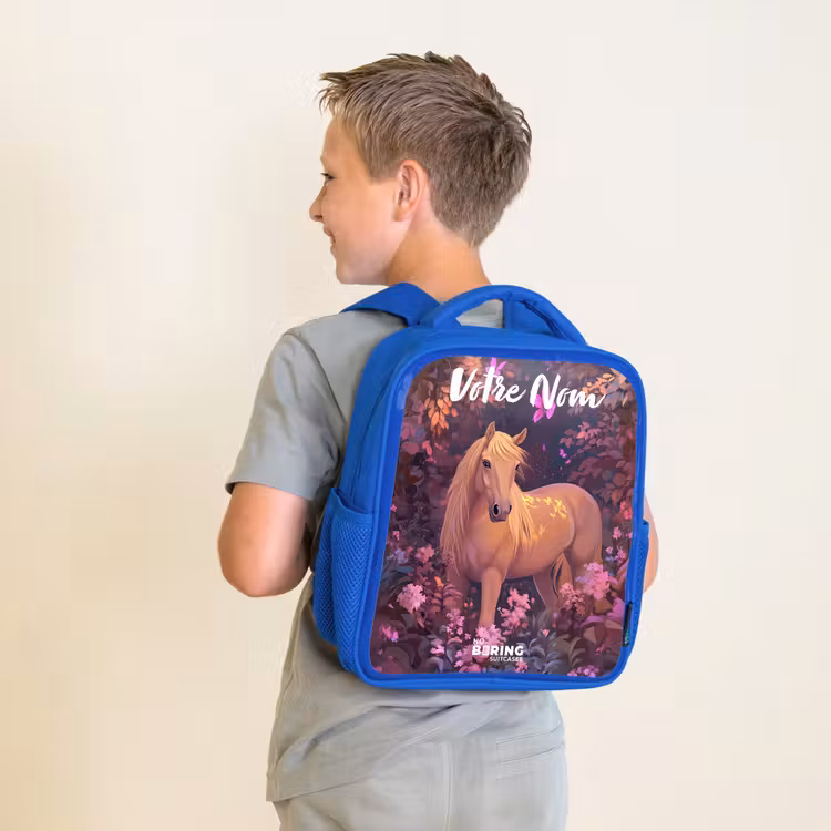 Sac à dos enfant avec votre nom - Bleu - Cheval - Fleurs - Violet - Papillon — 2