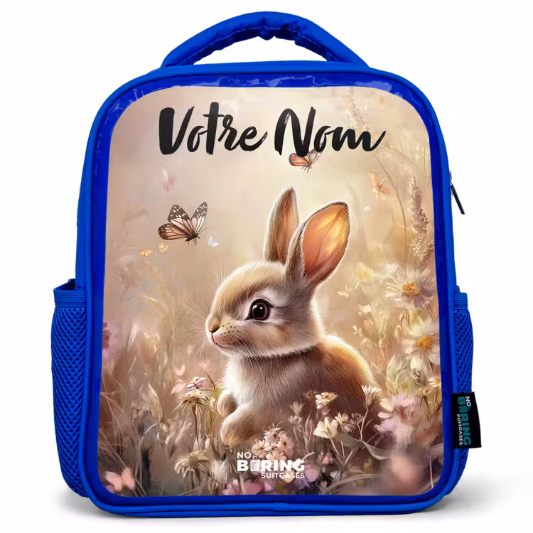 Sac à dos enfant avec votre nom - Bleu - Lapin - Marron - Fleurs - Papillons — 1