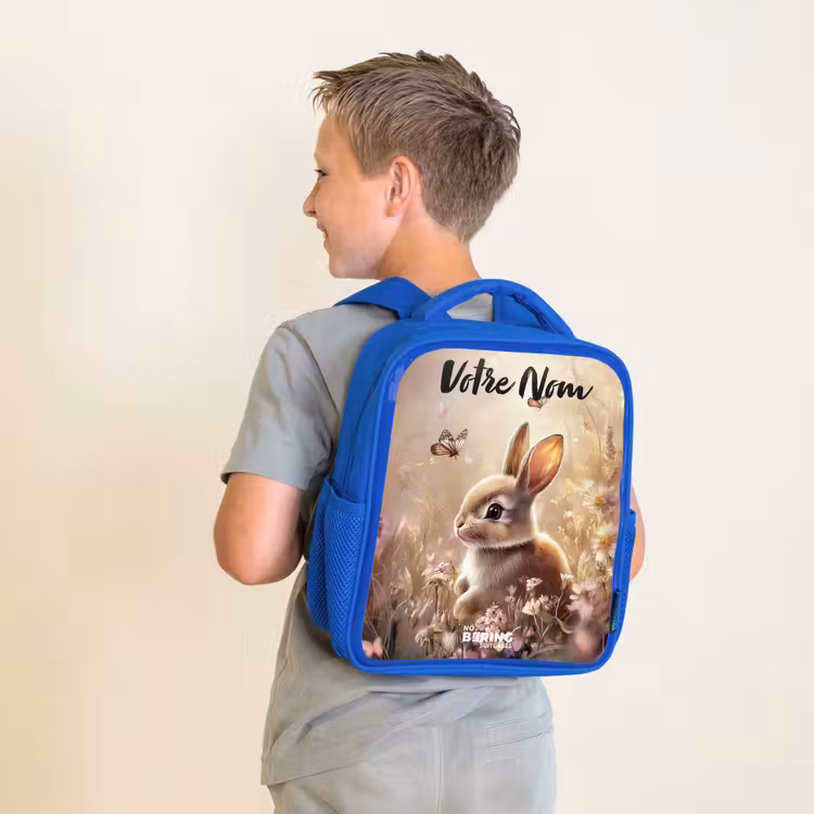 Sac à dos enfant avec votre nom - Bleu - Lapin - Marron - Fleurs - Papillons — 2
