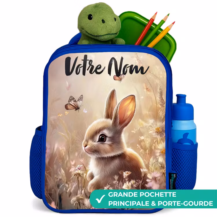Sac à dos enfant avec votre nom - Bleu - Lapin - Marron - Fleurs - Papillons — 5