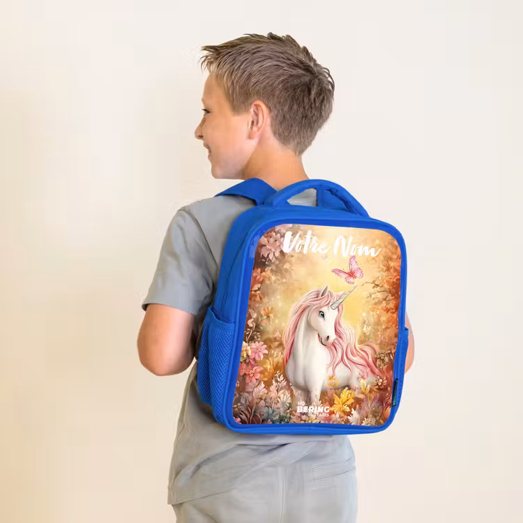 Sac à dos enfant avec votre nom - Bleu - Licorne - Papillon - Rose - Crinière — 2