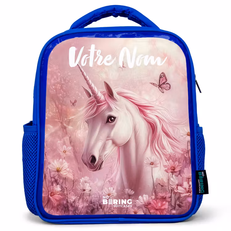 Sac à dos enfant avec votre nom - Bleu - Licorne - Rose - Papillon - Fleurs — 1