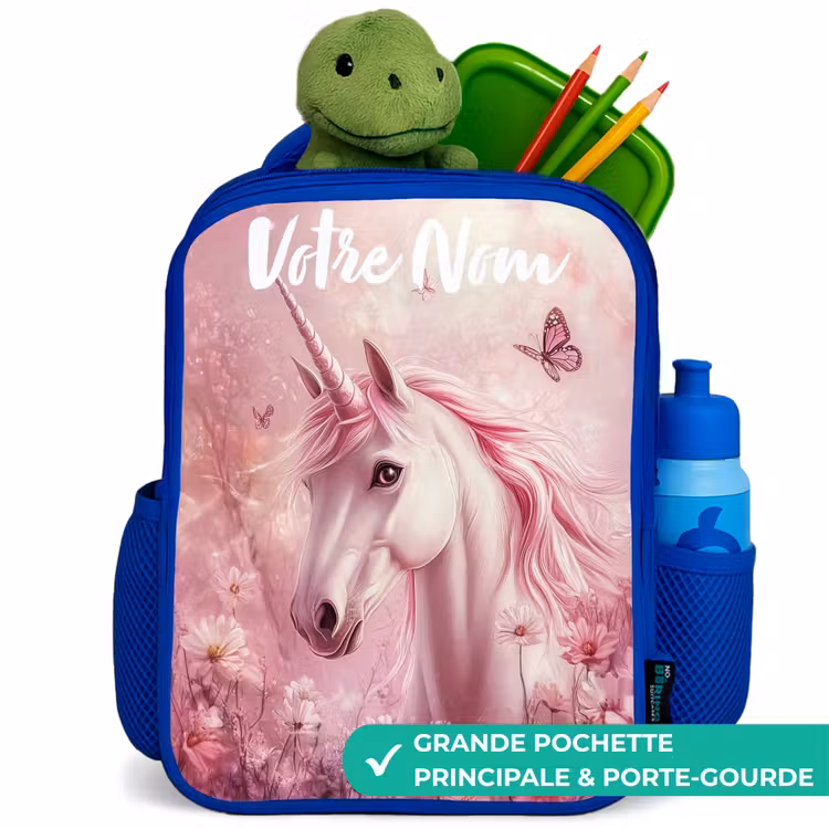 Sac à dos enfant avec votre nom - Bleu - Licorne - Rose - Papillon - Fleurs — 5