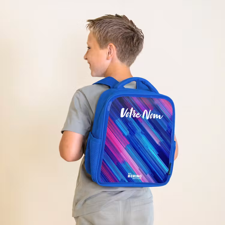 Sac à dos enfant avec votre nom - Bleu - Néon - Rayures - Abstrait - Bleu - Rose — 2