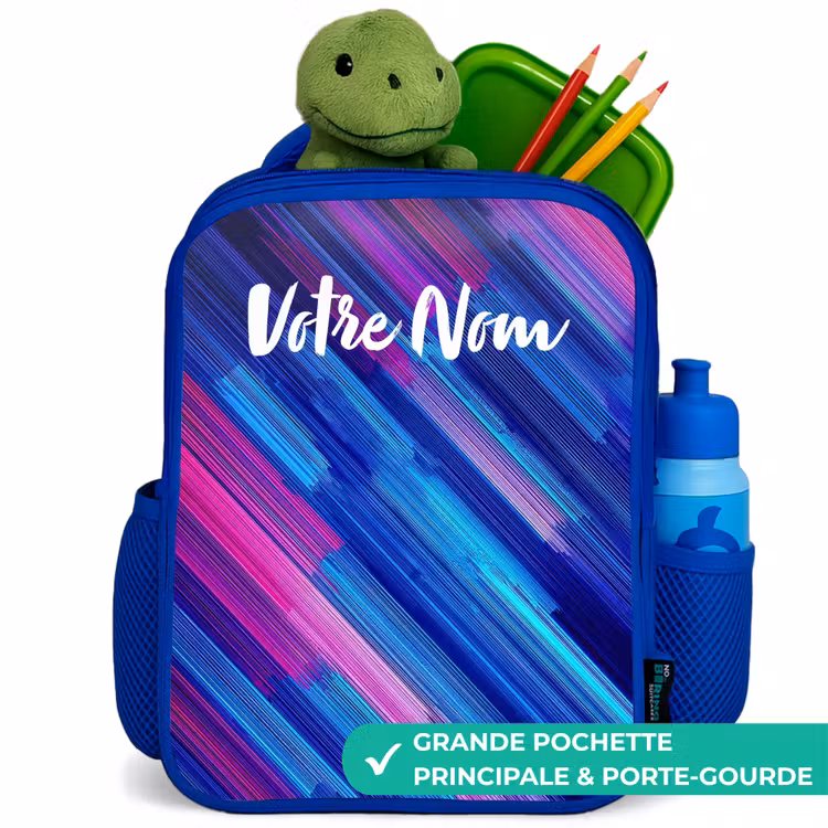 Sac à dos enfant avec votre nom - Bleu - Néon - Rayures - Abstrait - Bleu - Rose — 5