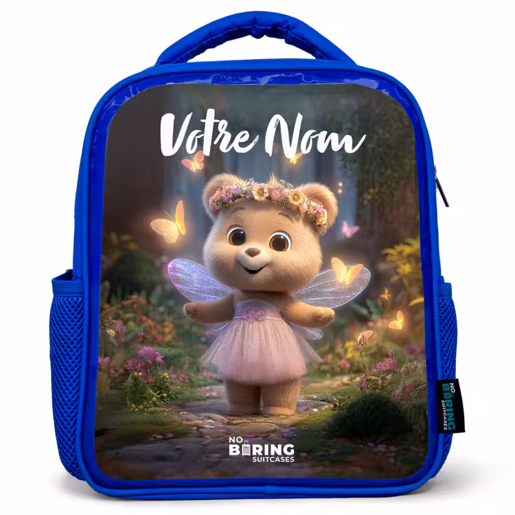 Sac à dos enfant avec votre nom - Bleu - Ours - Papillons - Forêt - Fée — 1
