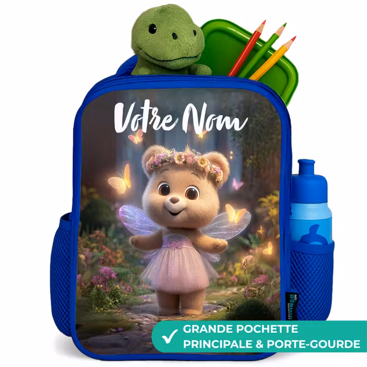 Sac à dos enfant avec votre nom - Bleu - Ours - Papillons - Forêt - Fée — 5