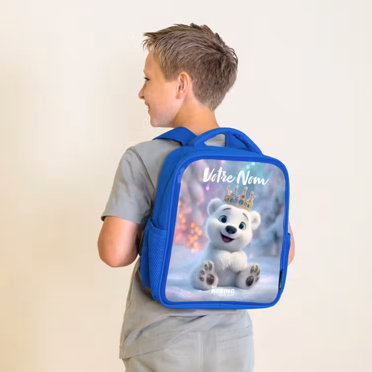 Sac à dos enfant avec votre nom - Bleu - Ours polaire - Couronne - Hiver — 2