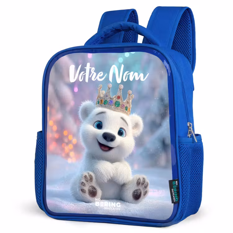 Sac à dos enfant avec votre nom - Bleu - Ours polaire - Couronne - Hiver — 7