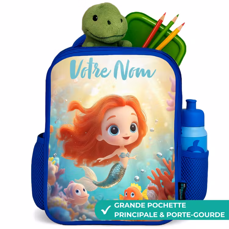 Sac à dos enfant avec votre nom - Bleu - Sirène - Poisson - Corail — 5