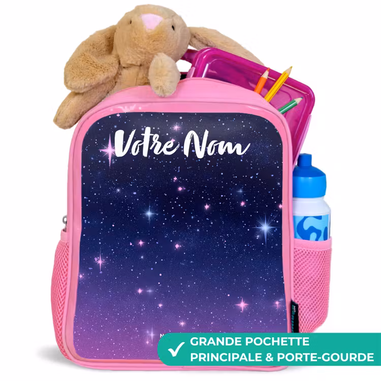 Sac à dos enfant avec votre nom - Rose - Étoiles - Galaxie - Bleu - Rose — 2