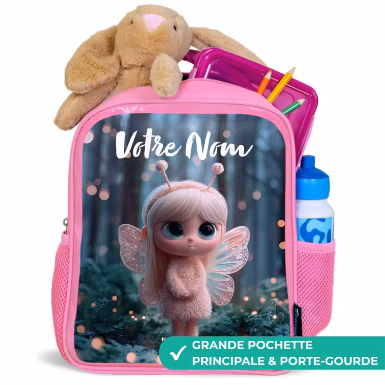 Sac à dos enfant avec votre nom - Rose - Fée - Forêt - Paillettes — 2
